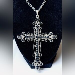 Large Silver Gothic Cross Pendant Necklace With Black Crystals Rhinestone Bling